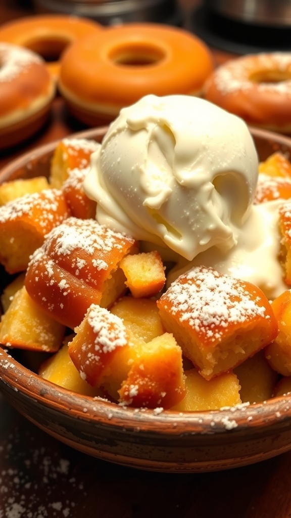 Warm yeast donut bread pudding with powdered sugar and a scoop of ice cream in a rustic bowl.